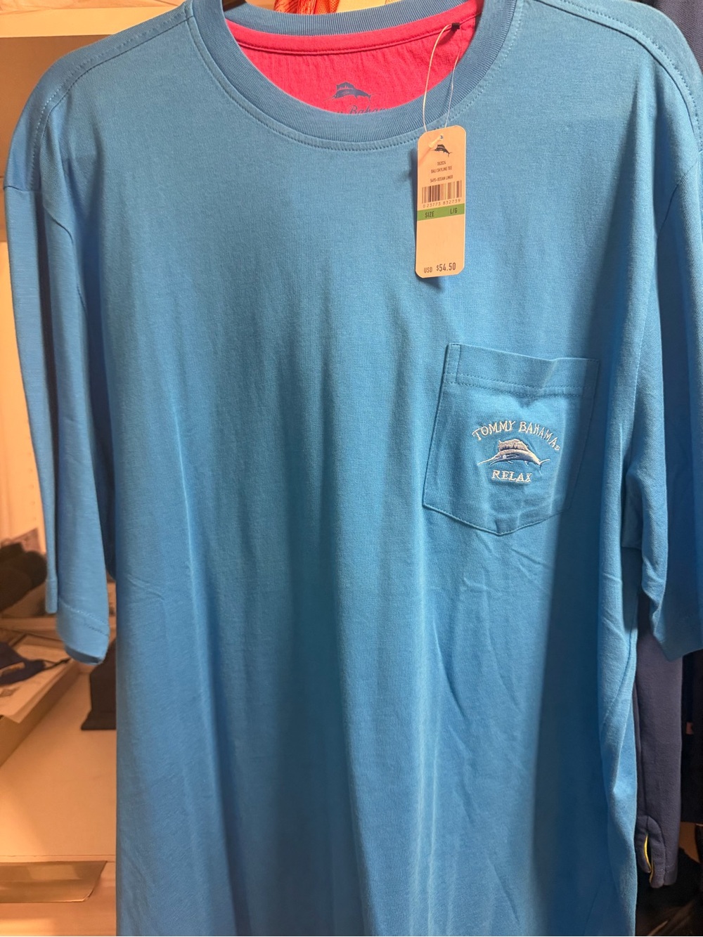 Tommy Bahama Blue Short-Sleeve Pocket Tee with Pink Neck Detail